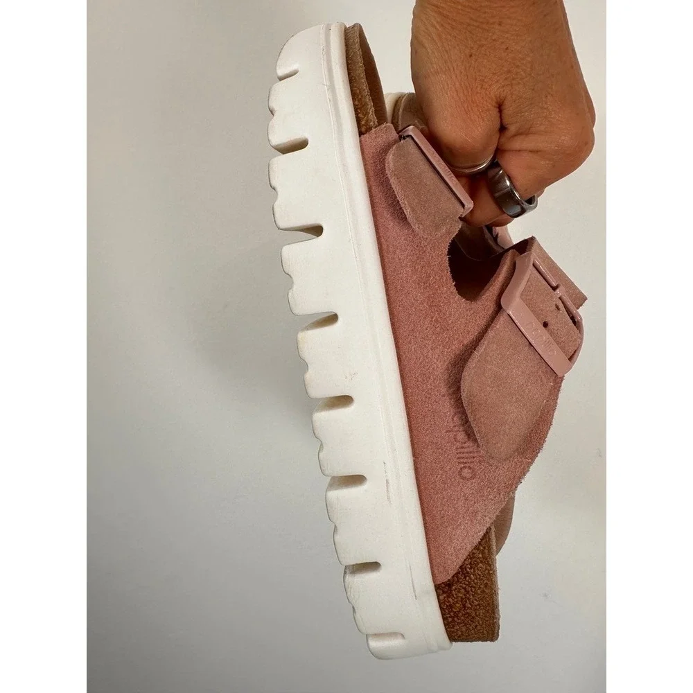 Papillio Birkenstock Arizona Sandals Women 38 Pink Suede Platform Lug Sole Slide